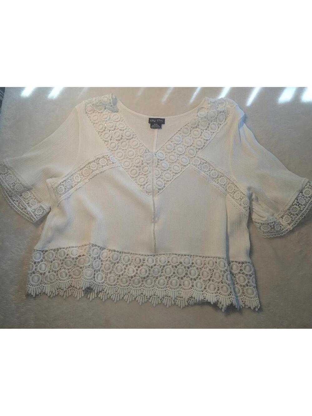 City Chic White Lace Trim Crop Blouse Size M